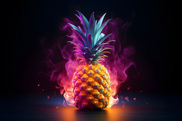 a pineapple with a green leaf on top of it in flames - Powered by Adobe