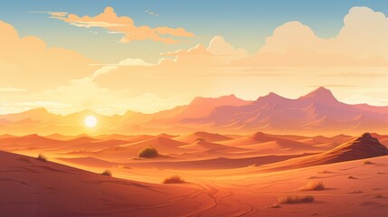 Fototapeta na wymiar A picturesque desert vista with sand dunes and a beautiful sunset, providing an open area for text placement against the desert backdrop. - Generative AI
