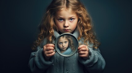 a little girl looking through a magnifying glass, a scene in a minimalist modern style, emphasizing curiosity and wonder.