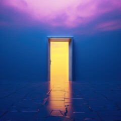 door is open in a blue wall, with a yellow and pink sky seen through the door