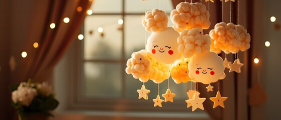 Swing in the form of a moon in the clouds and with hanging stars. Cute, fabulous, children's.generative AI