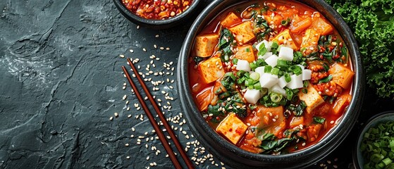 Korean food, Kimchi soup with tofu and pork in Korean stone pot.Generative AI