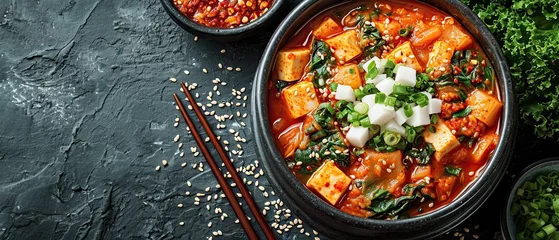 Fotobehang Korean food, Kimchi soup with tofu and pork in Korean stone pot.Generative AI © ZzGooggiigz