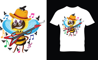 A cartoon bee with a hat and glasses playing an electric guitar.