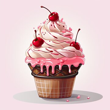 vector a pink ice cream cone with a cherry on top.Generative AI