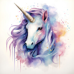 Hand drawn unicorn watercolor colorful art, splashes of paint on white background	