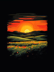 T-shirt design, a serene and minimalist landscape of rolling hills beneath a sunset created with Generative Ai