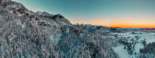 A breathtaking winter panorama of Neuschwanstein Castle, the fairy-tale palace of King Ludwig II of Bavaria, nestled among the snow-covered Alps and forests. - obrazy, fototapety, plakaty