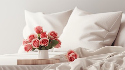 Obraz na płótnie Canvas a beautiful bouquet of roses placed on a cozy bed, capturing the essence of Valentine's Day celebrations in a minimalist modern style composition.