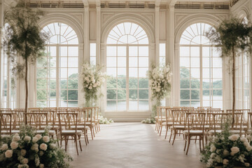 Elegantly decorated wedding venue with a floral arrangement, creating a luxurious and romantic setting for the celebration.