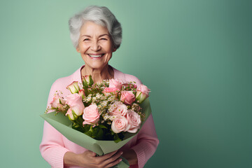 Senior person holding flowers, old woman smiling and holding pink roses on pastel green background	