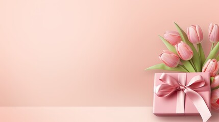 a Mother's Day concept, featuring a stylish pink gift box adorned with a ribbon bow and a bouquet of tulips on an isolated pastel pink background with ample copyspace.