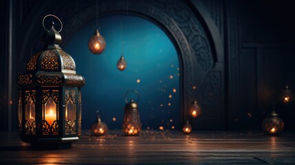 Fototapeta premium Ramadan Kareem celebration background illustration with arabic lanterns and moon