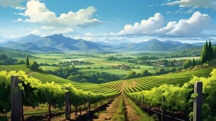 Fototapeta na wymiar A picturesque vineyard landscape with rows of grapevines and distant mountains - Generative AI