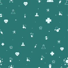Medical pattern, white icons on dark green background, square illustration. Banner with icons with space for copy, text and advertisement, vector illustration, heart, cross, medical flask