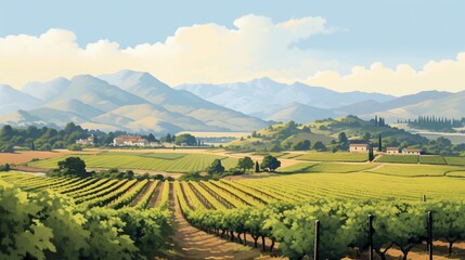 Fototapeta premium A picturesque vineyard landscape with rows of grapevines and distant mountains - Generative AI
