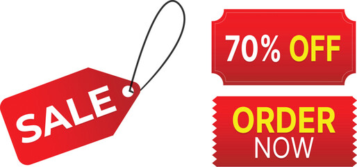 Sale, 70% off, order now banners. Red ribbons, tags and stickers. Vector illustration.