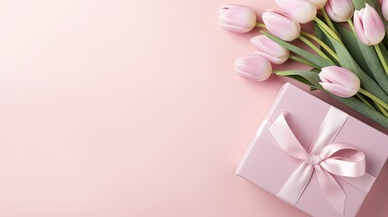 a Mother's Day concept, featuring a stylish pink gift box adorned with a ribbon bow and a bouquet of tulips on an isolated pastel pink background with ample copyspace.