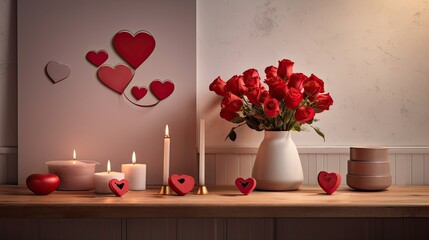 a kitchen table adorned with heart decorations, featuring a close-up of a bouquet of roses and burning candles, capturing the essence of Valentine's Day celebrations in a minimalist modern style.