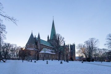 Fototapeta na wymiar Nidaros Cathedral in Trondheim is Norway's most central church in virtue of being Olav the Saint's burial church. Construction work began year 1070, Trøndelag county, Norway