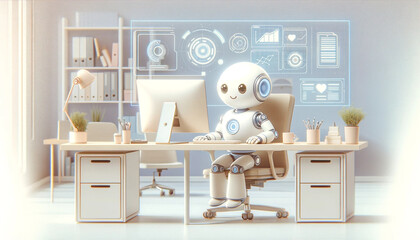 人工知能（AI）を搭載したロボットが家庭でパソコン作業　generated ai - obrazy, fototapety, plakaty