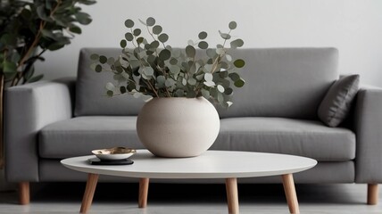 vase with eucalyptus branches on a white coffee table against a gray sofa. Minimalist home interior design for modern living room