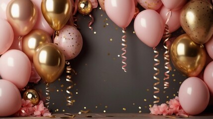 balloons, confetti and ribbons. Holiday birthday card, background