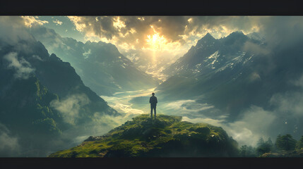 Man standing on top of the mountain looking at the sunset. 3d rendering - obrazy, fototapety, plakaty