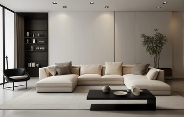 vase with eucalyptus branches on a white coffee table against a gray sofa. Minimalist home interior design for modern living room