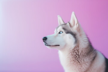 A studio portrait of a Siberian Husky dog against a purple background in profile side view. Close up of wolf on studio background with copy space for text. For banner, billboard, poster, postcard.