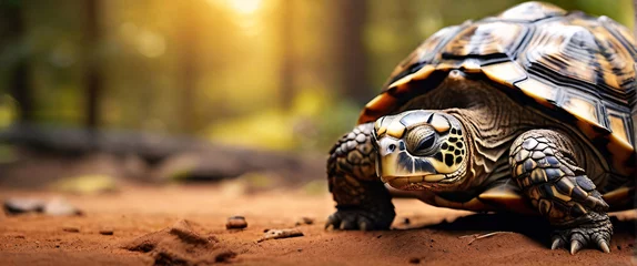 Foto op Canvas Tortoise dwells on land warm golden light illuminating its earthy brown and black coat, blurred background © HumblePride