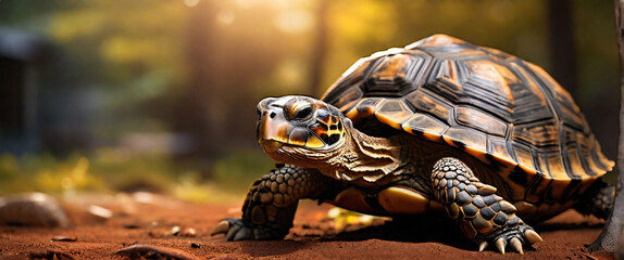 Tortoise dwells on land warm golden light illuminating its earthy brown and black coat, blurred background