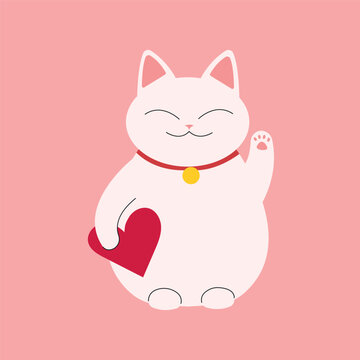 cute cartoon chinese cat with heart. st valentines day kitten holding heart. traditional oriental waving lucky cat isolated on pink background