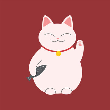 cute cartoon vector chinese cat with fish. traditional chinese waving lucky cat on red background. funny oriental kitten 