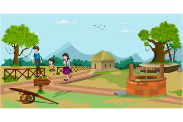 Children's outing at the beautiful village.  Vector illustration.