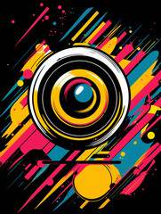 T-shirt design, a dynamic pop art illustration of a camera lens, the vibrant colors and bold halftone dots capturing created with Generative Ai
