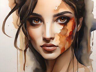Watercolor painting of a brown eyes woman with paint smeared on her face. Generative AI