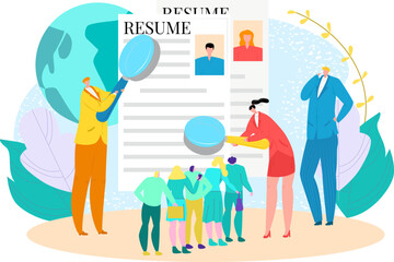 Professional human resources specialist hold resume and magnifier glass, job interview flat vector illustration, isolated on white. Company recruitment employee, tiny young specialist work search.