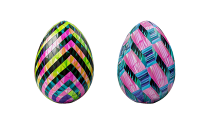 Easter eggs with colorful geometric pattern on transparent background.