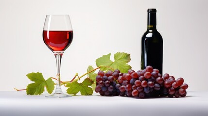 Wineglass with dry red wine, wine bottle, fresh grape vine on white surface.