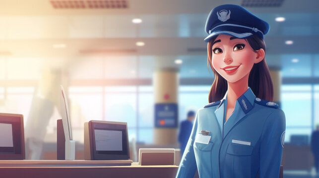 Female smiling Caucasian airport employee in uniform at workplace, copy space.