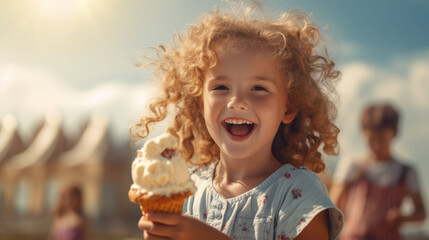 Closeup up portrait of a curly little girl eating an ice cream in a sunny summer day against the city park street - Powered by Adobe