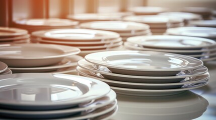 Closeup clean plates stack on a table ready for use - obrazy, fototapety, plakaty