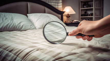 Closeup woman hand holding magnifying glass for checking bed mattress in a bedroom - obrazy, fototapety, plakaty