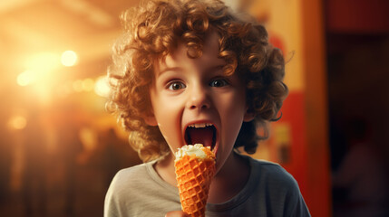 Closeup up portrait of a curly little boy preparing to bite an ice cream against blurred city park street background