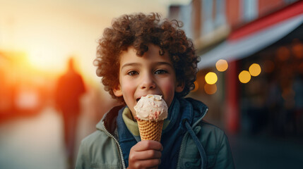 Closeup up portrait of a curly little boy preparing to lick an ice cream against blurred city park street background - obrazy, fototapety, plakaty