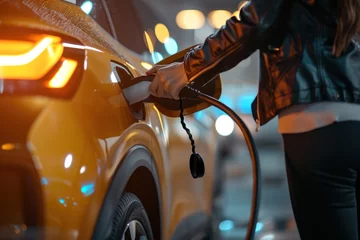 Deurstickers Voiture électrique, borne de recharge, une femme branchant la prise dans sa voiture © David Giraud