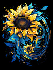 T-shirt design, a radiant sunflower, using swirling strokes of vibrant yellows and deep blues to capture both the physical form and the emotional resonance of the bloom created with Generative Ai