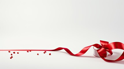 a red narrow festive ribbon elegantly arranged on a reel against a white plain paper background, for occasions like Women's Day, Birthday, Mother's Day, and Valentine's Day.
