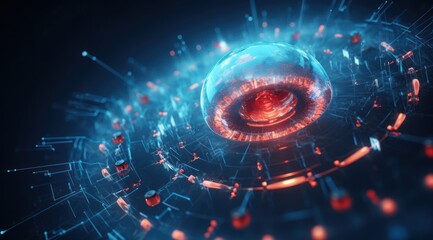 Technologie et réseaux, concept futuriste d'énergie quantique, intelligence artificielle, lumière orange et bleu